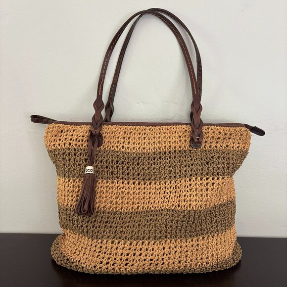 Brighton Woven Straw Striped Tan Olive Green Brown Leather...